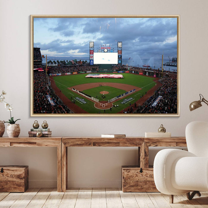 This framed 3-panel canvas MLB wall art features a giant flag and fans under a cloudy sky at Oracle Park.