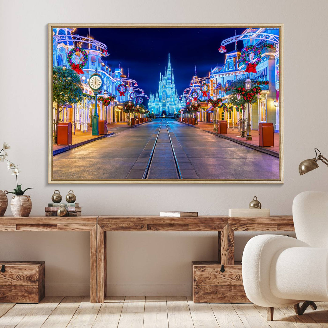 Disney wall art featuring a fantasy castle street at night.