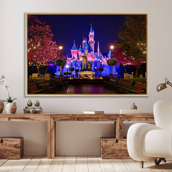 The Castle Large Wall Art is surrounded by illuminated trees at night.