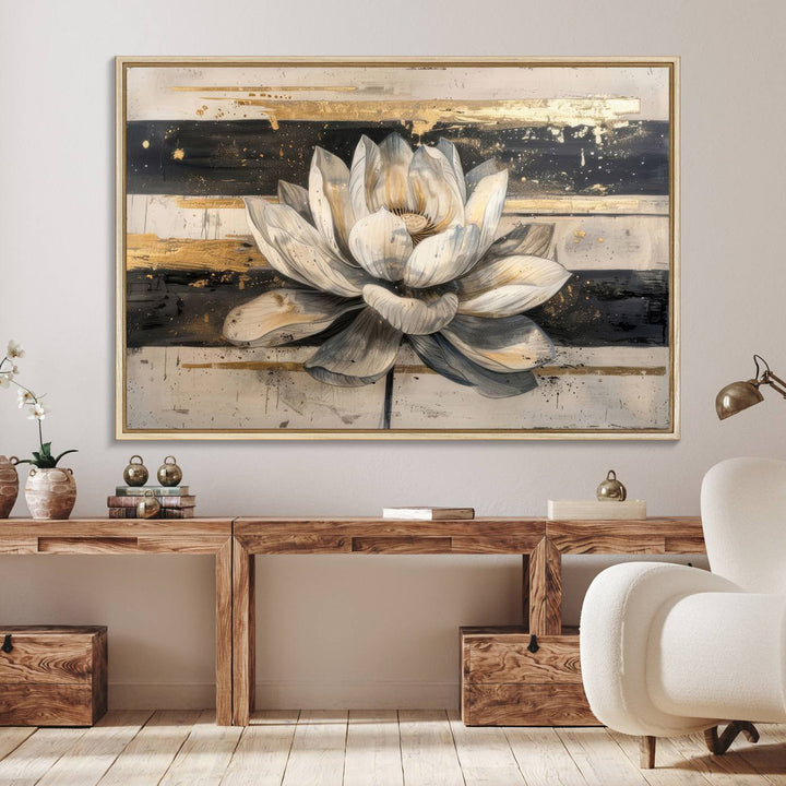 The wall is adorned with an Abstract Lotus Flower Wall Art Canvas Print.