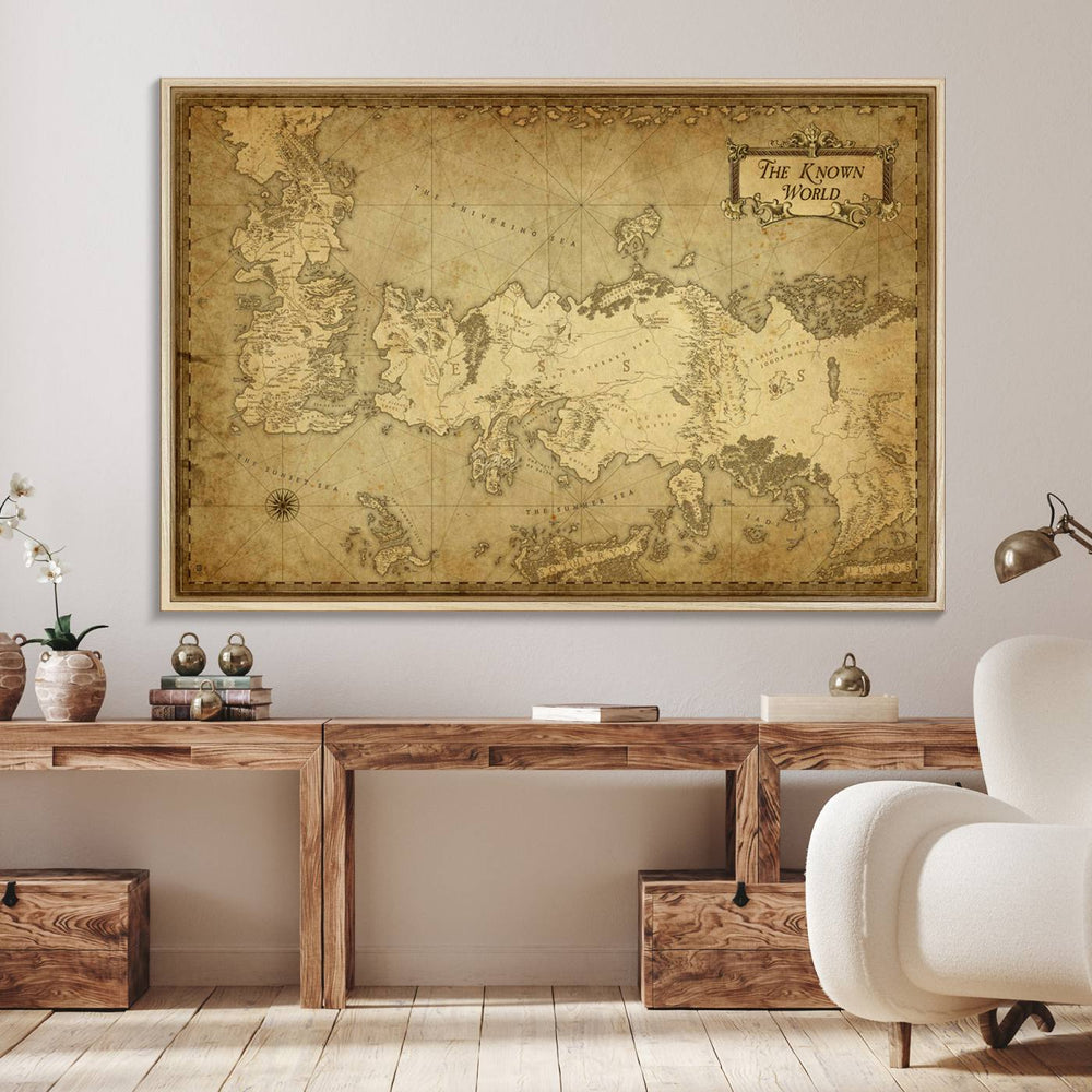 A Vintage Game of Thrones Map Giclee Canvas hangs against a white wall.