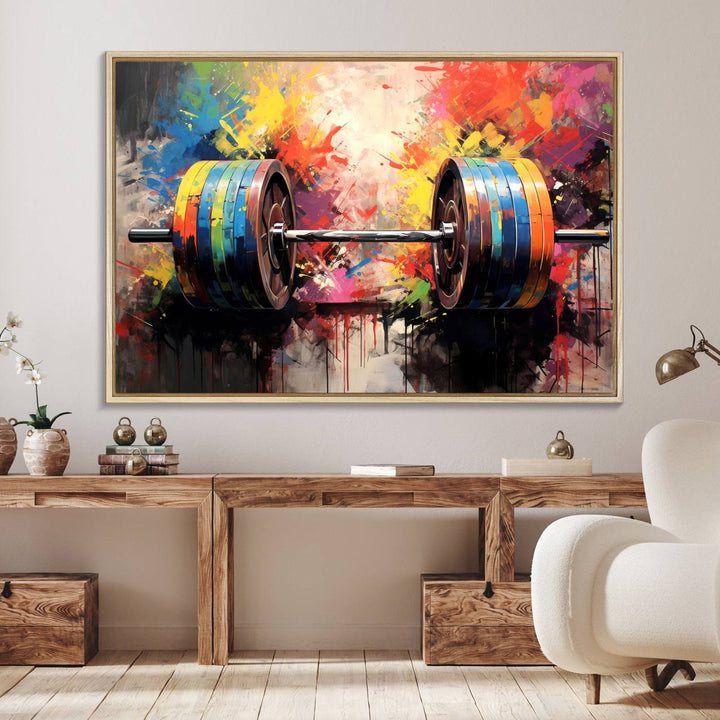 The Weightlifting Barbell Art Triptych hangs prominently on the wall.