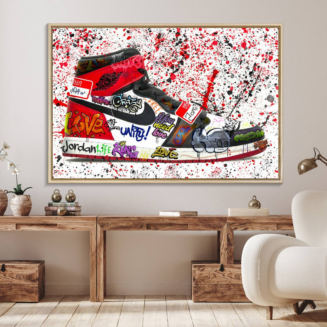 A Jordan Shoes Graffiti Canvas Print hangs prominently, perfect for sneakerheads and urban art lovers.