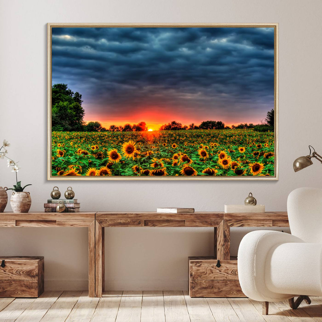 A Golden Sunflower Field at Sunset ready-to-hang wall art canvas print.