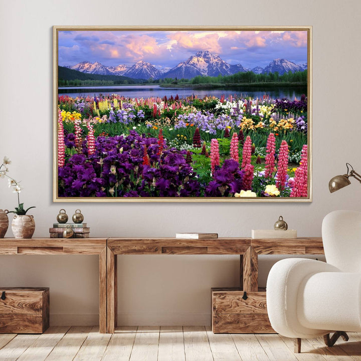 A Vibrant Wildflower Garden and Mountain View Giclee Print is displayed prominently on the wall.