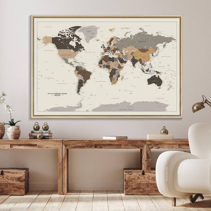 Antique-style world map canvas print with Not all those who wander are lost, perfect for vintage decor.