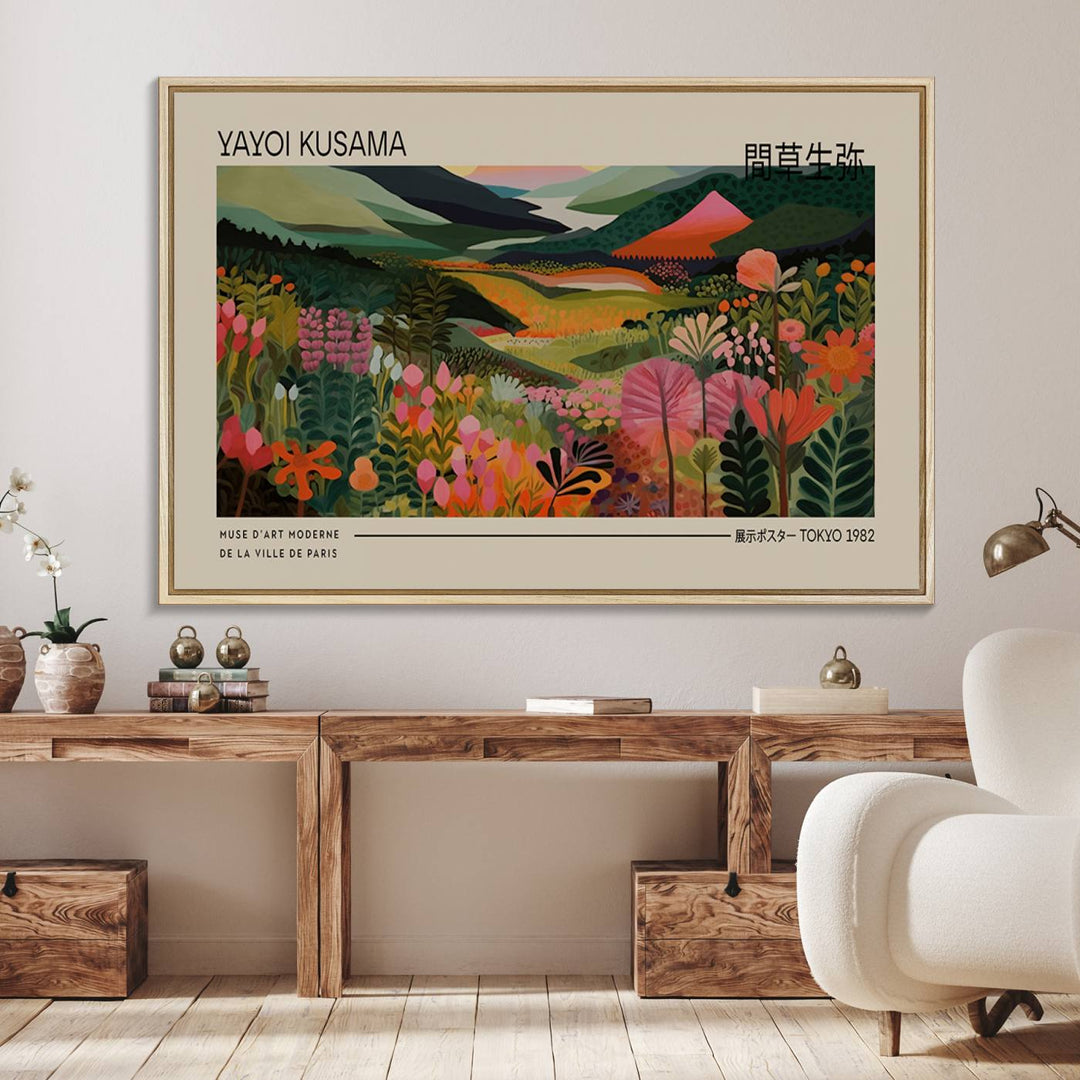 A Yayoi Kusama Landscape Canvas Print brightens the wall with vibrant floral and mountain art.