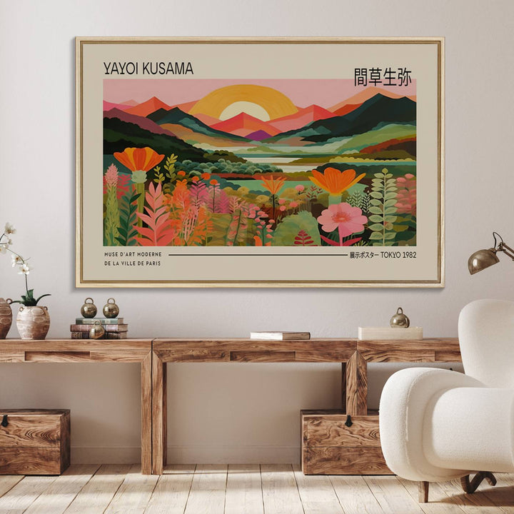 A Yayoi Kusama landscape print and an antique world map enhance the dining area.