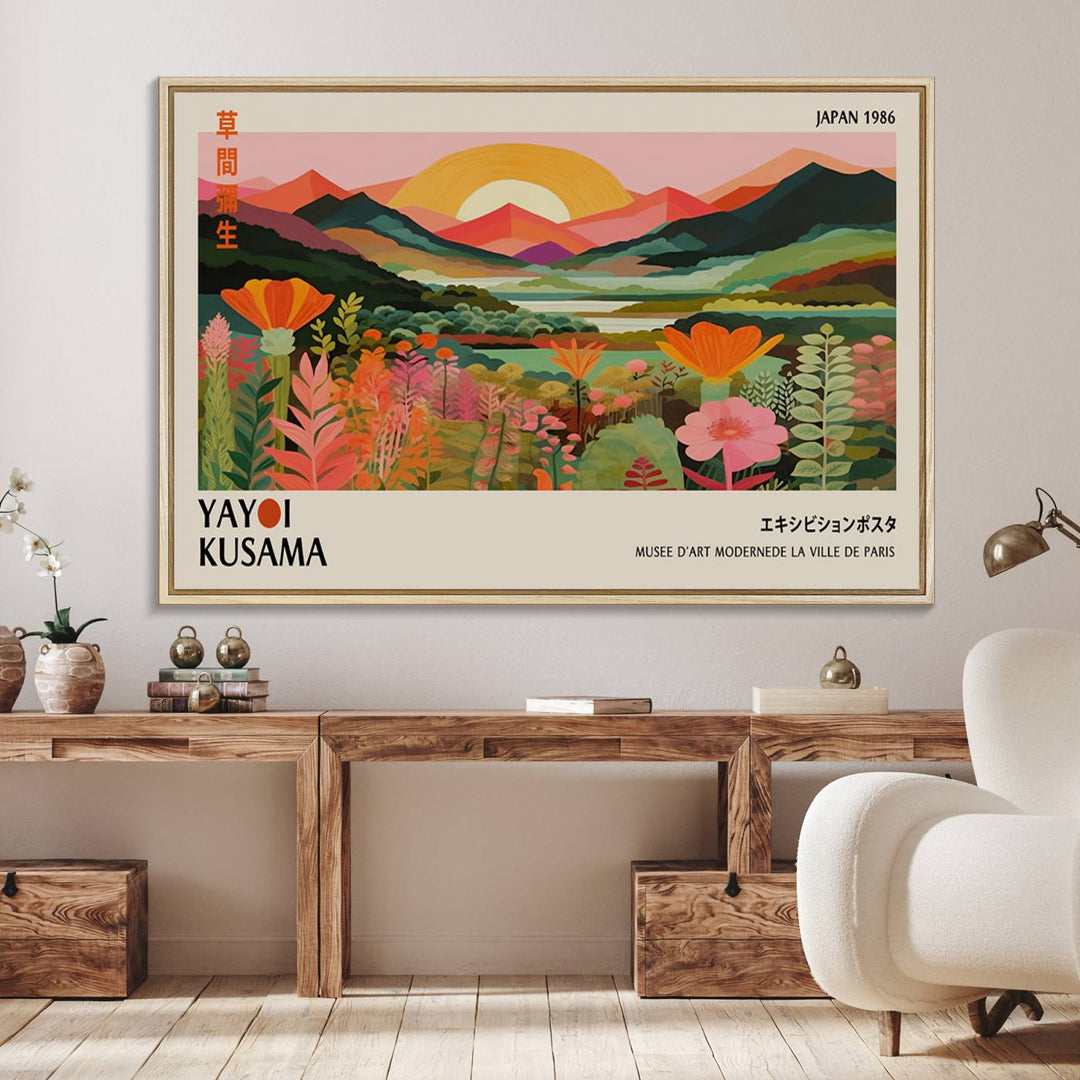 The Yayoi Kusama Landscape Canvas Print, featuring vibrant floral mountains and sunset scenery, enhances the room.