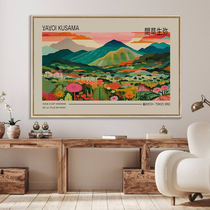 A vibrant floral mountain canvas print by Yayoi Kusama adorns the wall.