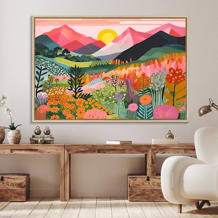 Vibrant abstract landscape canvas: Yayoi Kusama 1986 wall art print featuring mountains, sun, and flowers. Ready-to-hang.