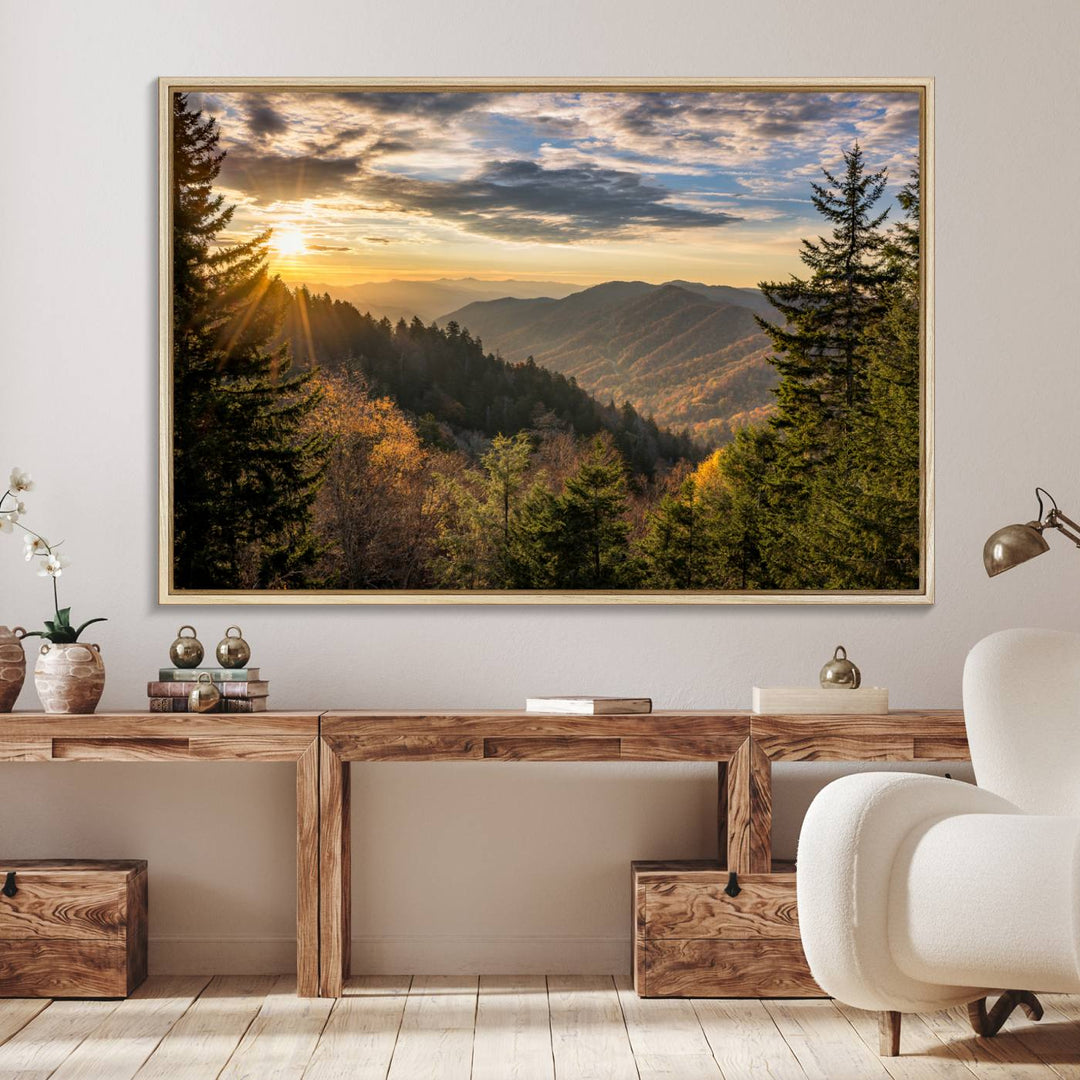 A triptych canvas titled Sunrise Over the Smoky Mountains adorns the wall.