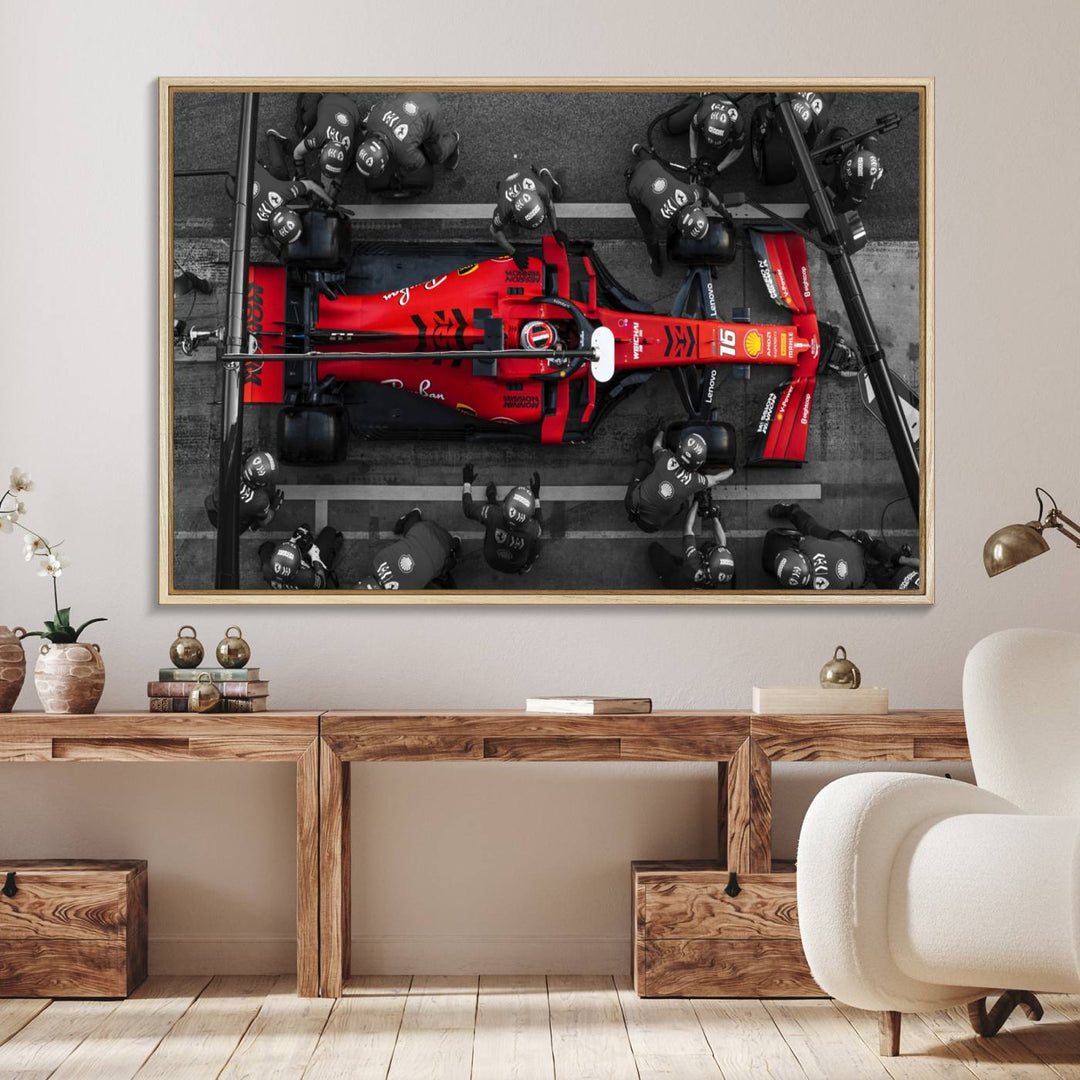 Ferrari Pit Stop Canvas Wall Art displayed prominently in the living room.