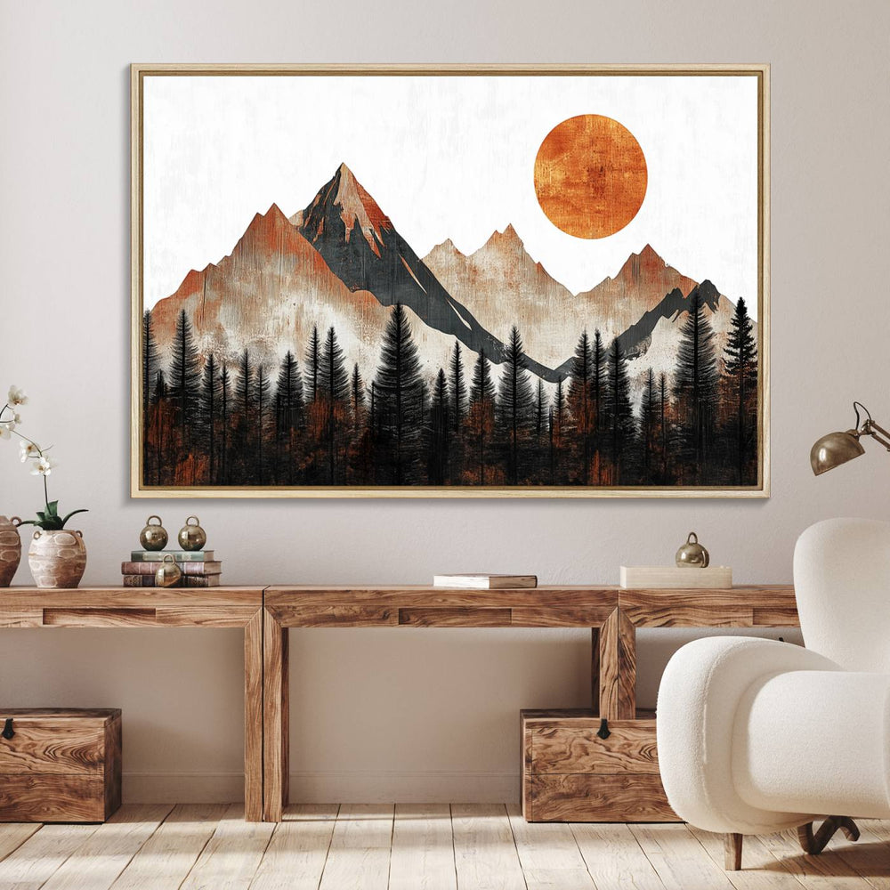 Modern Abstract Mountain Canvas Wall Art Print, Abstract Landscape Print, Rustic Sun and Mountains Design, Ready to Hang