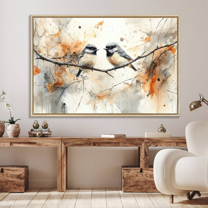 The living room features abstract watercolor chickadee bird art on the wall.