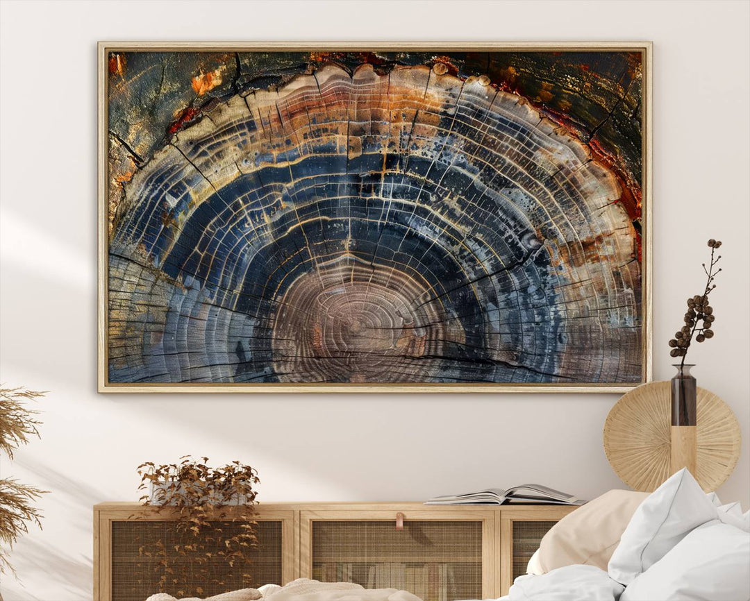 An Abstract Tree Ring Wall Art graces the space, displaying a captivating colorful tree ring design that perfectly reflects minimalist home canvas art with modern farmhouse appeal.