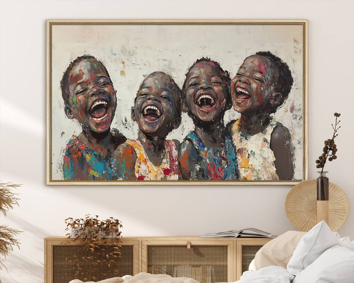 This Shai Yossef Print - Joyful Childhood Canvas Wall Art is an expressive impasto painting of laughing children. As framed abstract art for your living room, it adds a touch reminiscent of Shai Yossef's unique style to any living space.