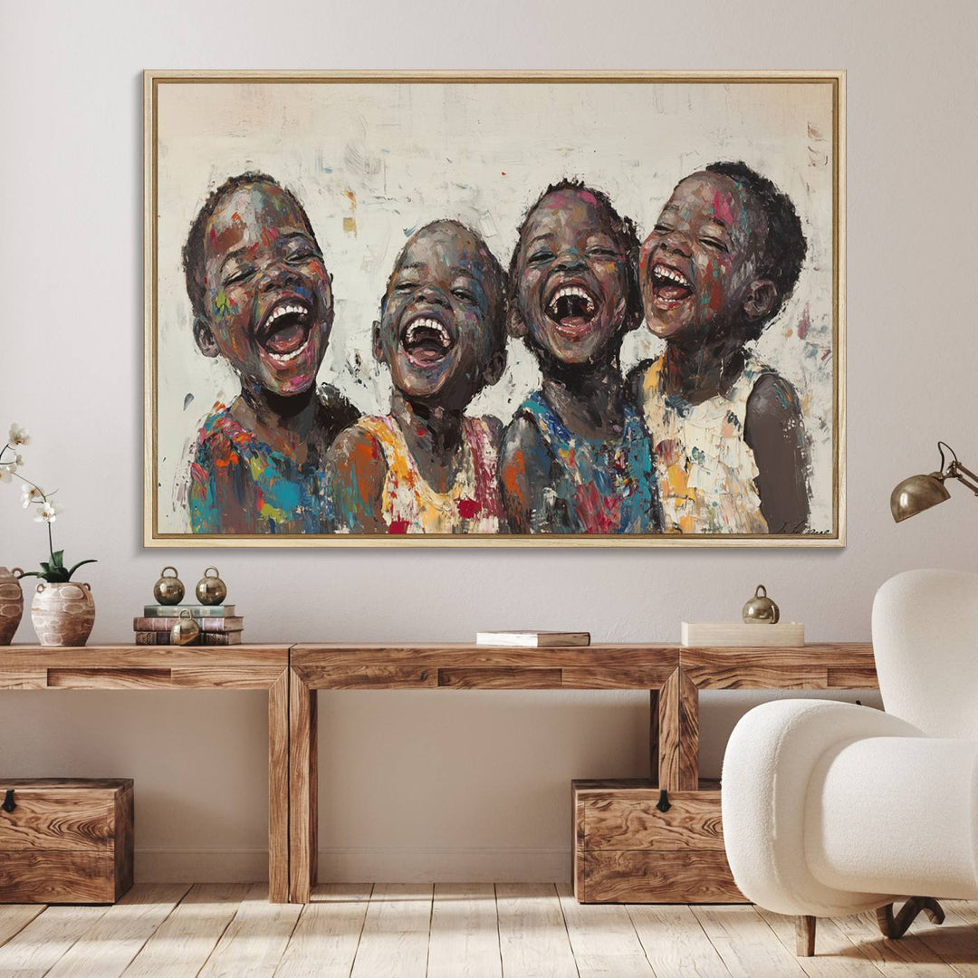 A living room featuring the Shai Yossef Joyful Childhood Canvas Wall Art.