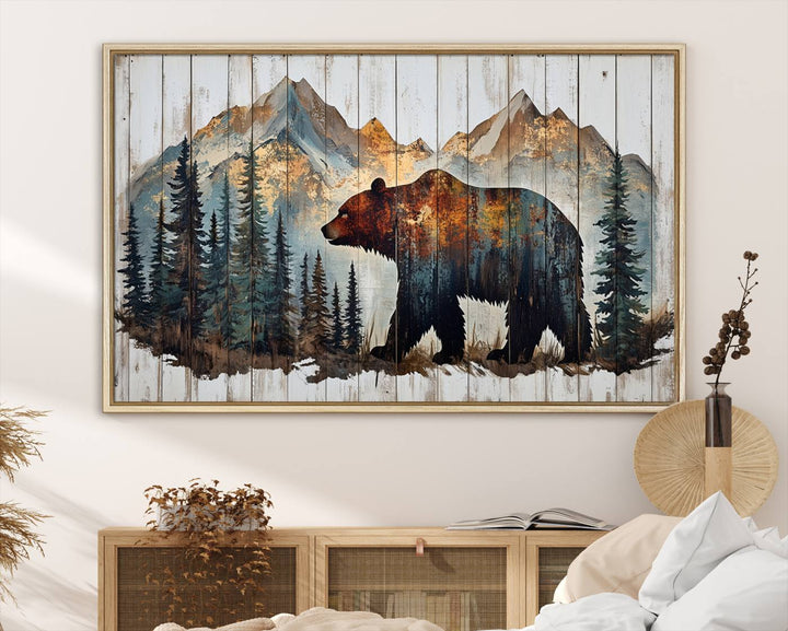 The Rustic Grizzly 399 Bear and Mountain Wood Canvas Wall Art elegantly depicts a majestic bear in a pine forest with mountain silhouettes, expertly framed on distressed wooden panels. This nature-inspired piece infuses charm and warmth, serving as perfect cabin wall decor.