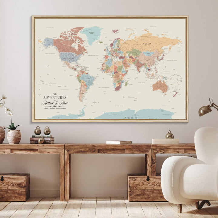 A large, colorful Custom World Map Canvas hangs on the light-colored wall.