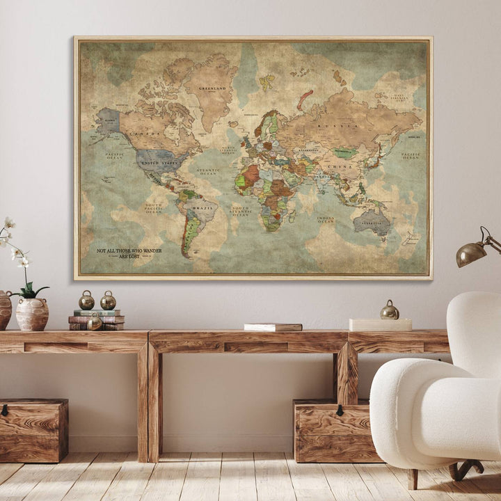 A Personalized World Map Canvas Print in vintage style enhances the setting with its artistic charm.