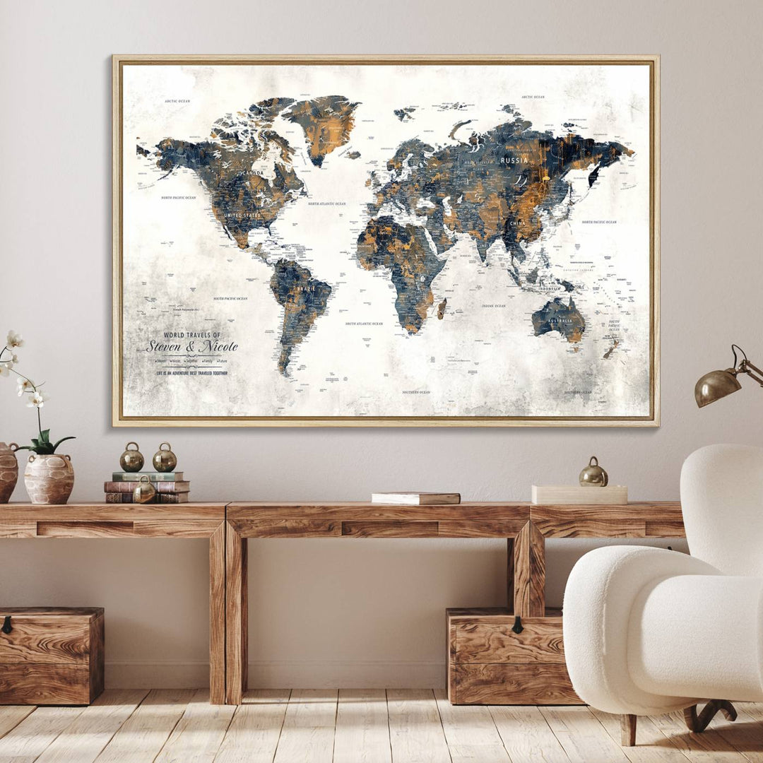 A Personalized Push Pin Map Wall Art Print is displayed in front of a house door.