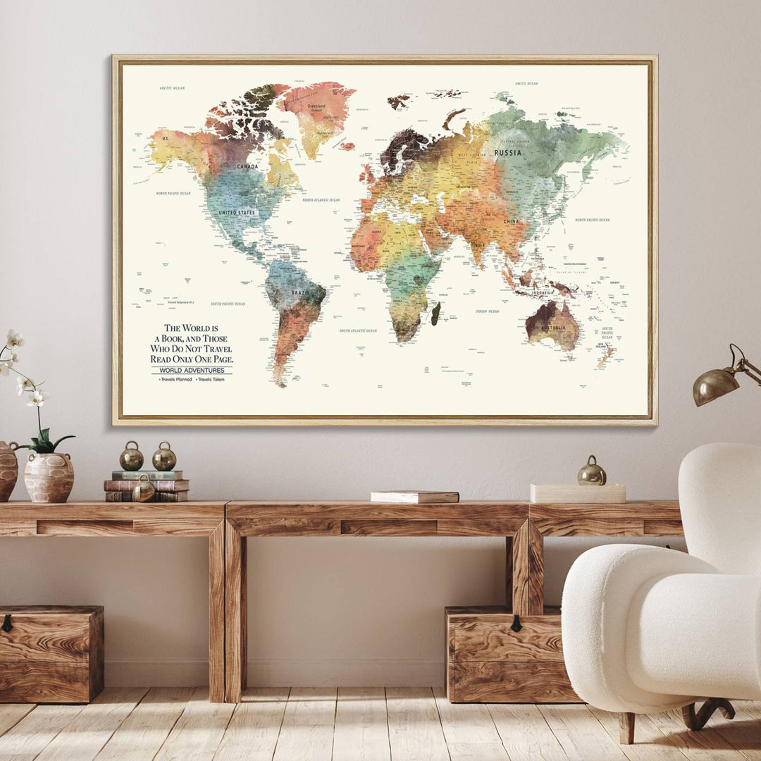 A colorful Personalized World Map Canvas Print, ideal as wall art for living room or office.