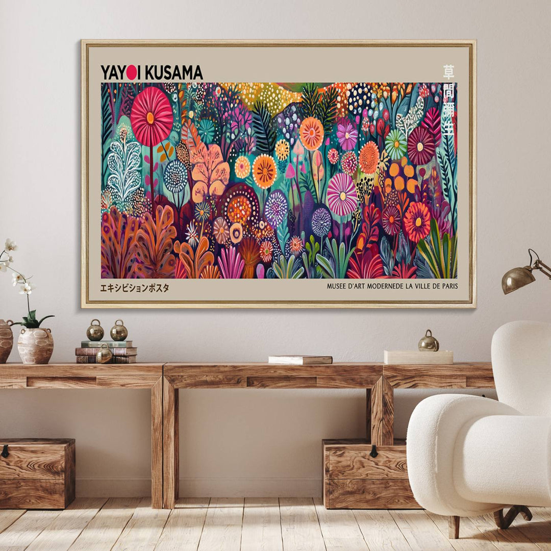 A vibrant Yayoi Kusama Wall Art Canvas Print is held on a porch.