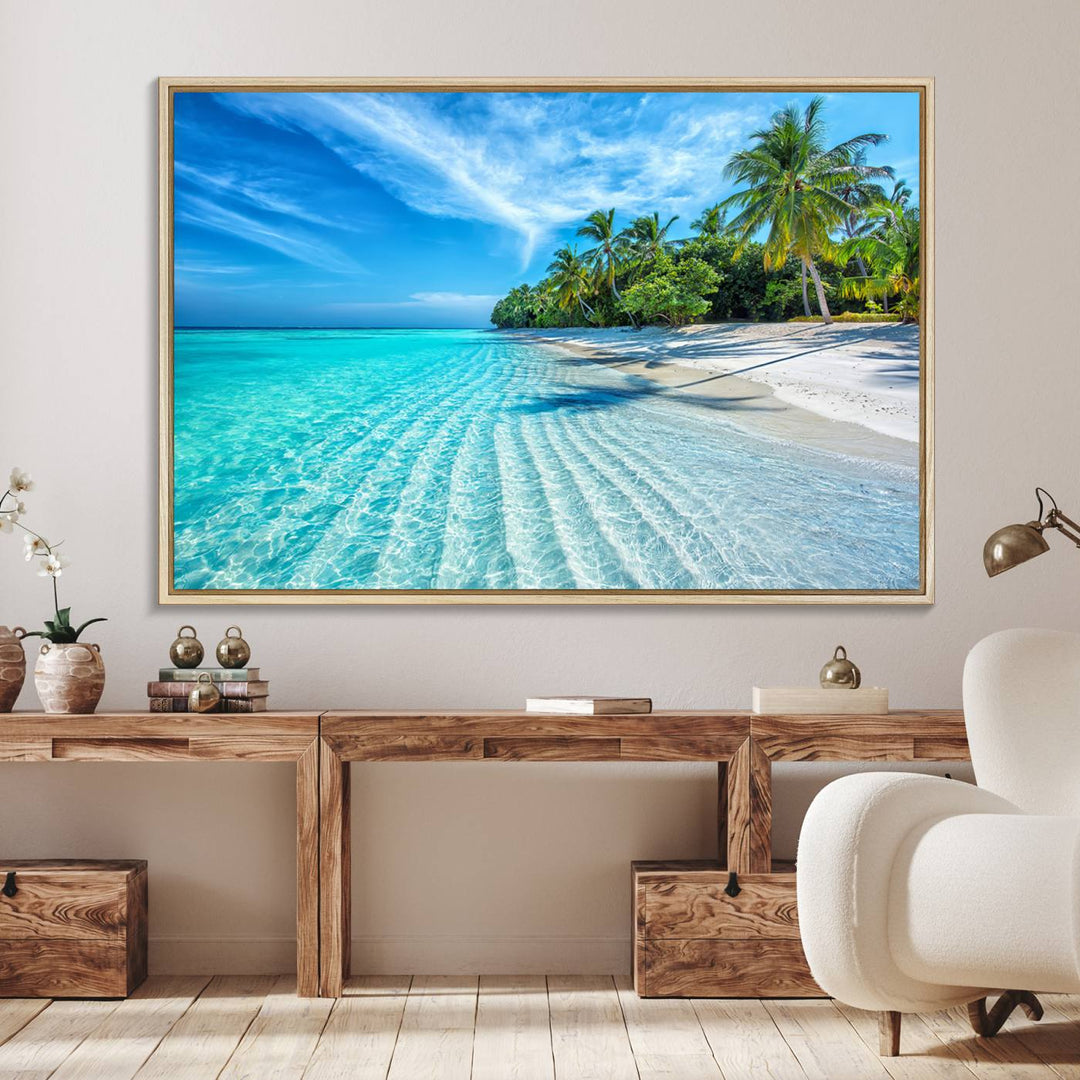 The Tropical Beach Wall Art Canvas Print features turquoise water and palm trees.