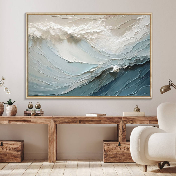 Waves Abstract Wall Art Print displayed on a porch with white siding.