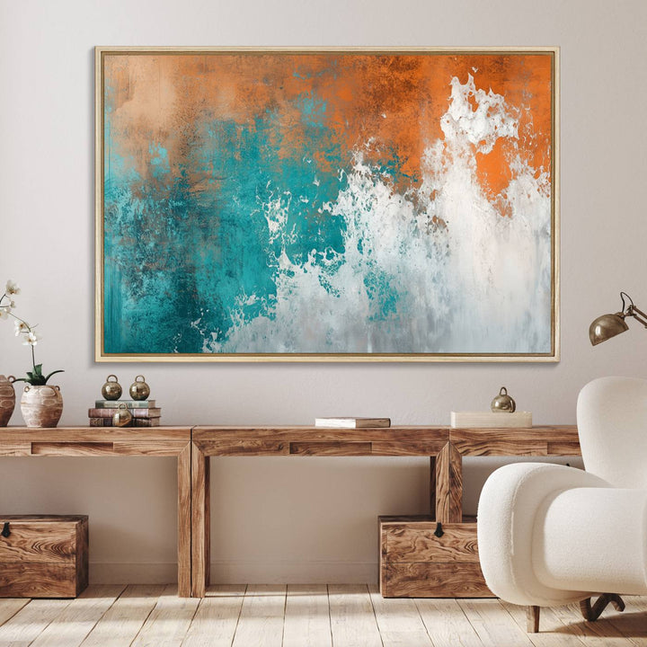 The Vintage Abstract Print - Bold Teal and Orange Canvas Wall Art is displayed on a porch.