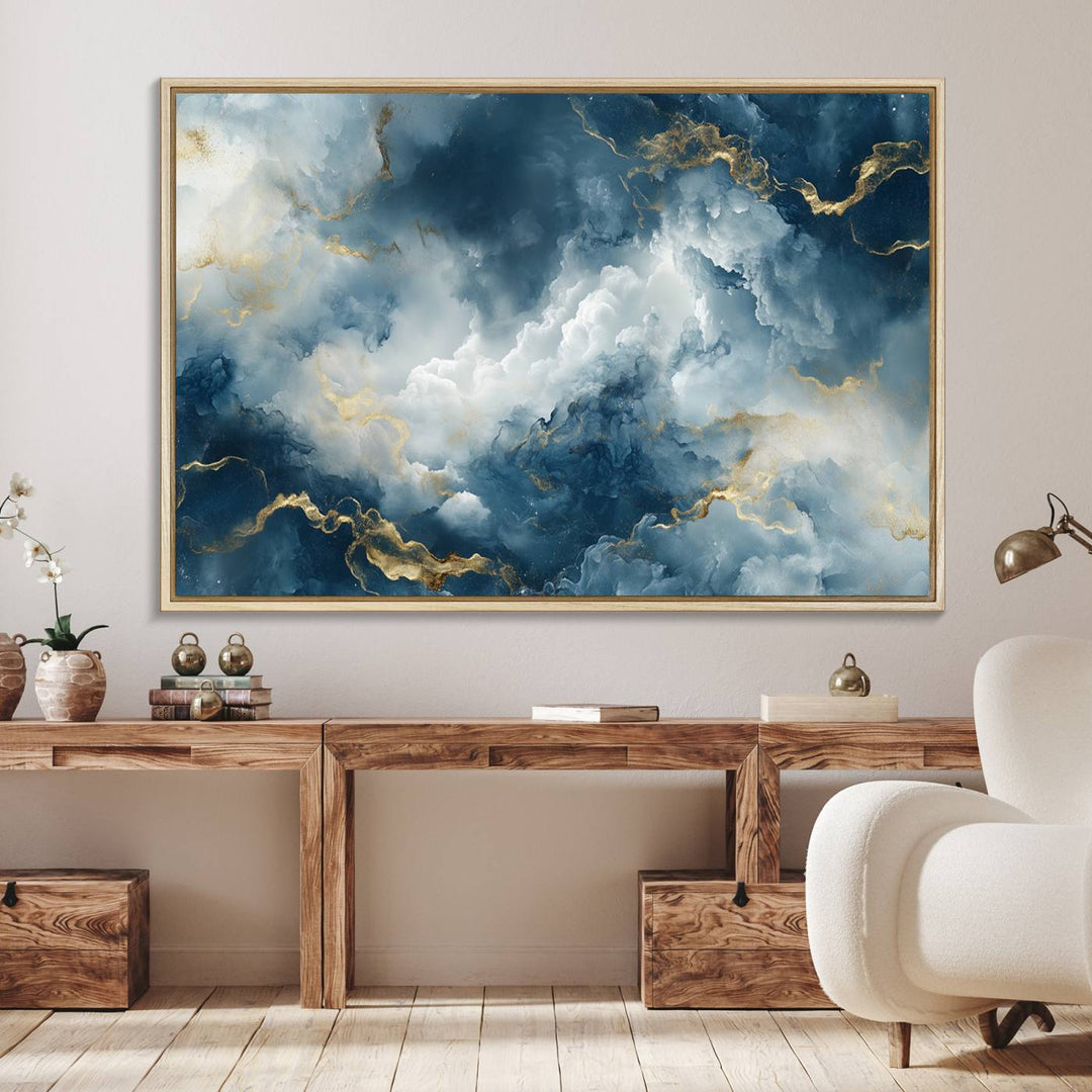 Luxe Blue and Gold Canvas Wall Art - a large abstract print.