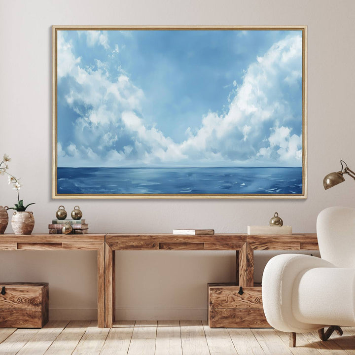 Abstract Ocean Print - Serene Blue Canvas displayed on a porch featuring minimalist decor.