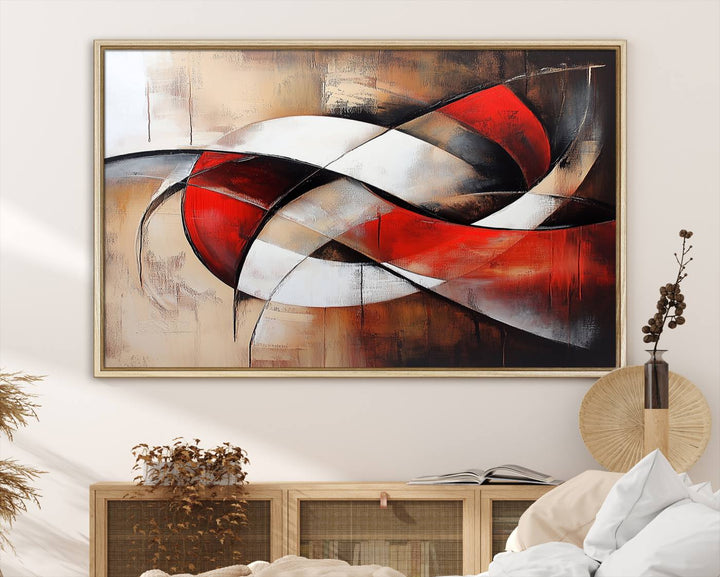 The "Abstract Wall Art - Modern Red and White Canvas Wall Art Print" features bold geometric shapes in red, black, and white on a beige background, enhancing contemporary aesthetics. This canvas print adds a striking focal point to any room, beautifully complementing the modern vibe of the space.