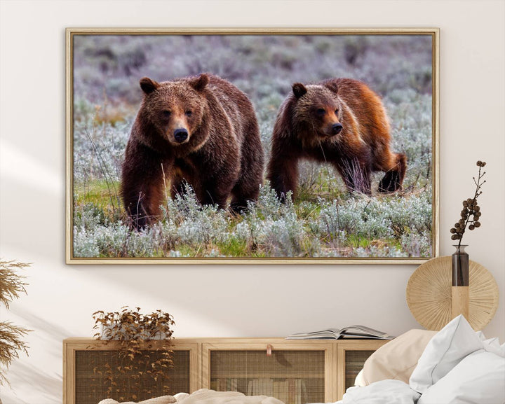 The "Grizzly 399 in Wild Flowers" wall art canvas print, showcasing grizzly bears amidst vibrant wildflowers, elegantly captures the enchanting essence of nature. This handmade piece from the USA brings striking beauty to any space.