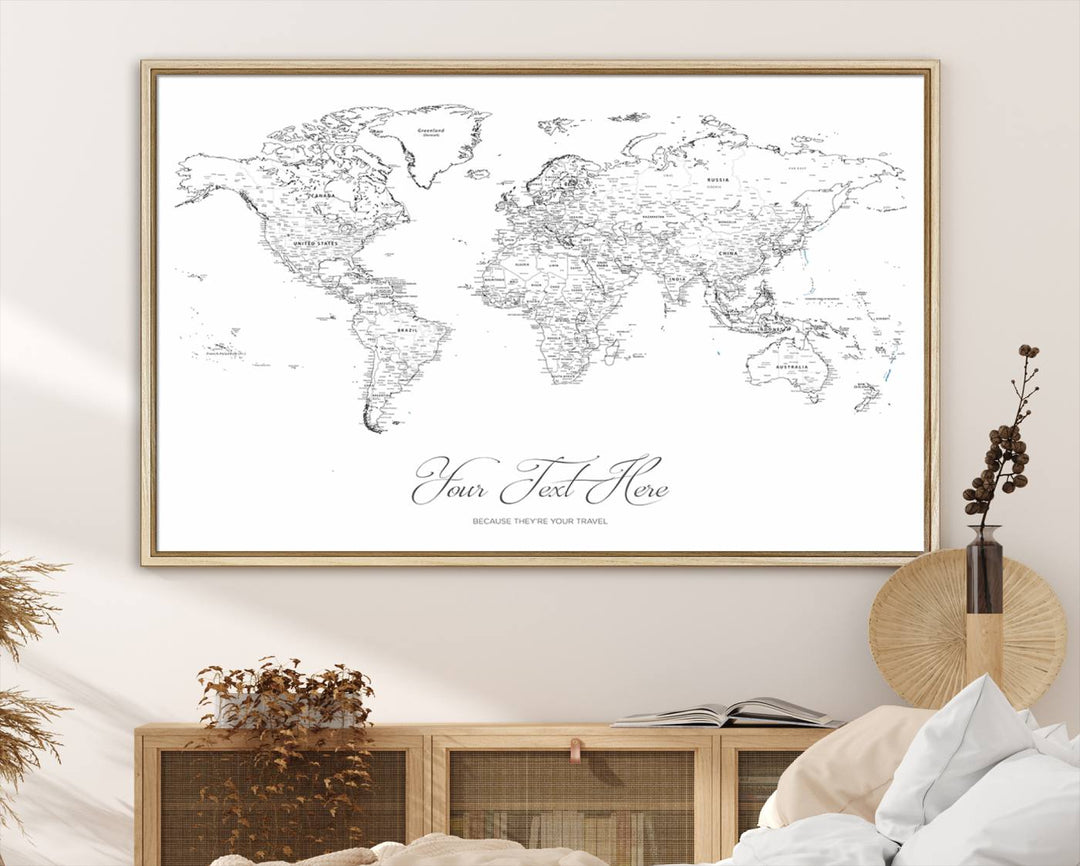 A large Framed Push Pin Mini World Travel Map Wall Art Print features customizable text and is designed as a premium cork pin board canvas with labeled countries for a gallery-quality finish.