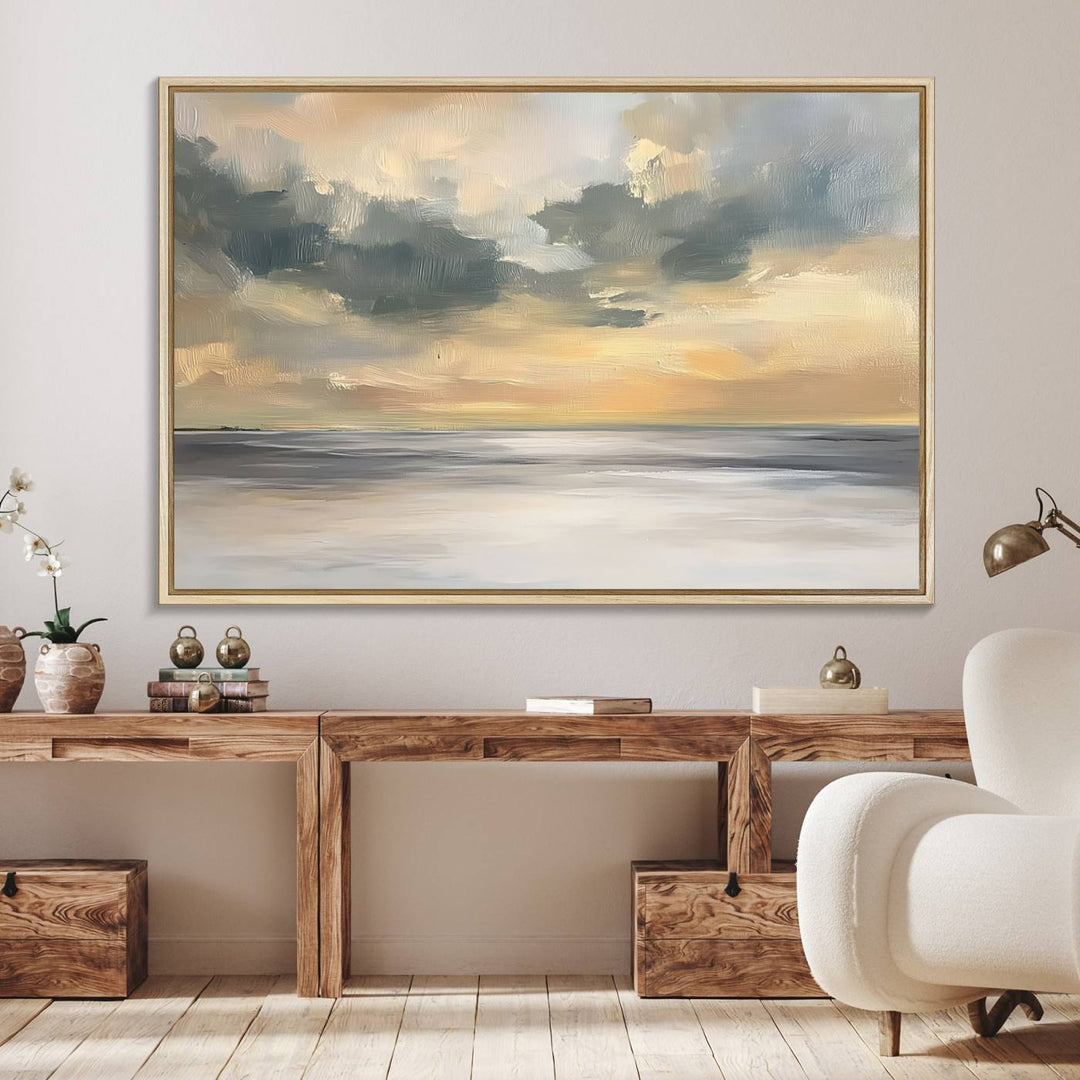 The Modern Coastal Wall Art Canvas Print features vibrant abstract ocean waves and clouds.