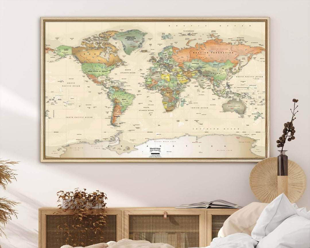 The Large Push Pin World Map Wall Art Canvas Print, with a gallery-quality finish, is carefully crafted on premium canvas and handmade in the USA. This piece adds a touch of elegance to any space.