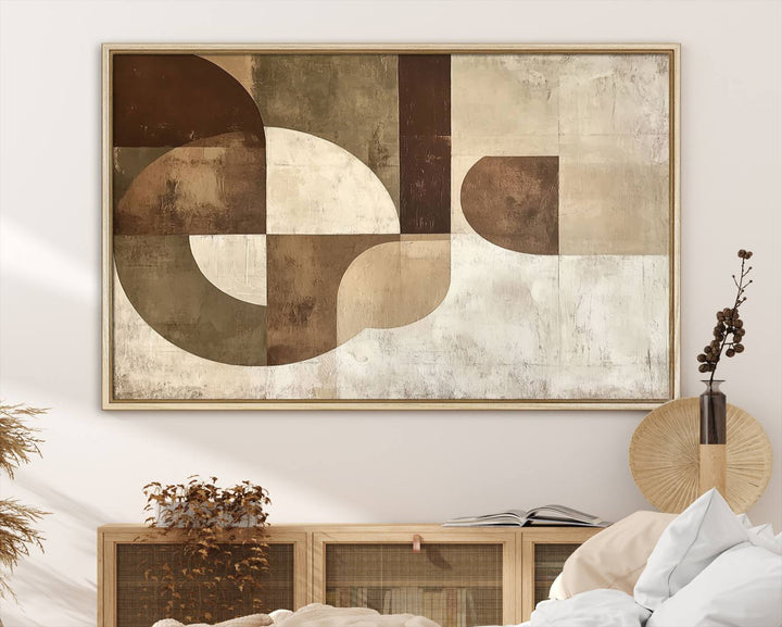 A Wabi Sabi Geometric Minimalist Wall Art Canvas Print—with a modern abstract geometric design in brown and beige tones—stands proudly in front of a house.