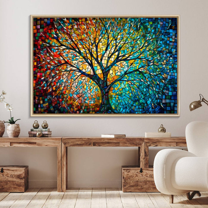 Explore the Yggdrasil Tree of Life Wall Art Print, a 3-panel canvas print made in the USA, featuring a vibrant multicolor mosaic design.