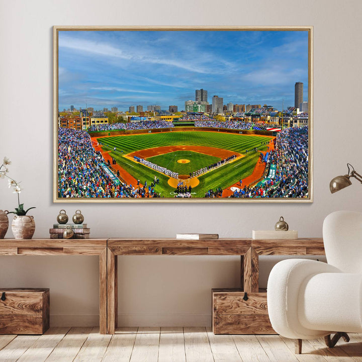 The Wrigley Field Cubs Panoramic Canvas Art hangs prominently in the modern living room.