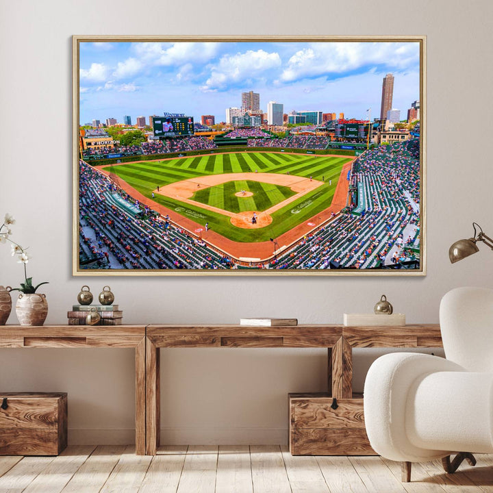 A Wrigley Field Cubs art piece adorns the wall in a modern living room.