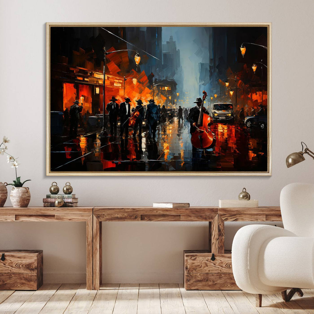 Framed Abstract Music Canvas: Jazz musicians on a rainy city street at night, with warm lights reflecting on wet pavement.