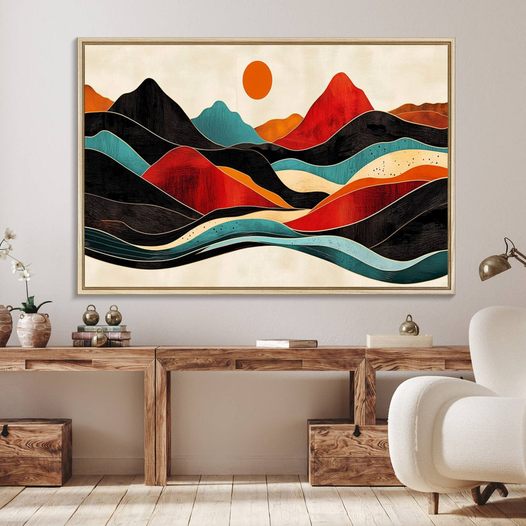 The Colorful Western Triptych Canvas features a vibrant mountain and sun design, making it perfect for modern kitchens or log cabin walls.