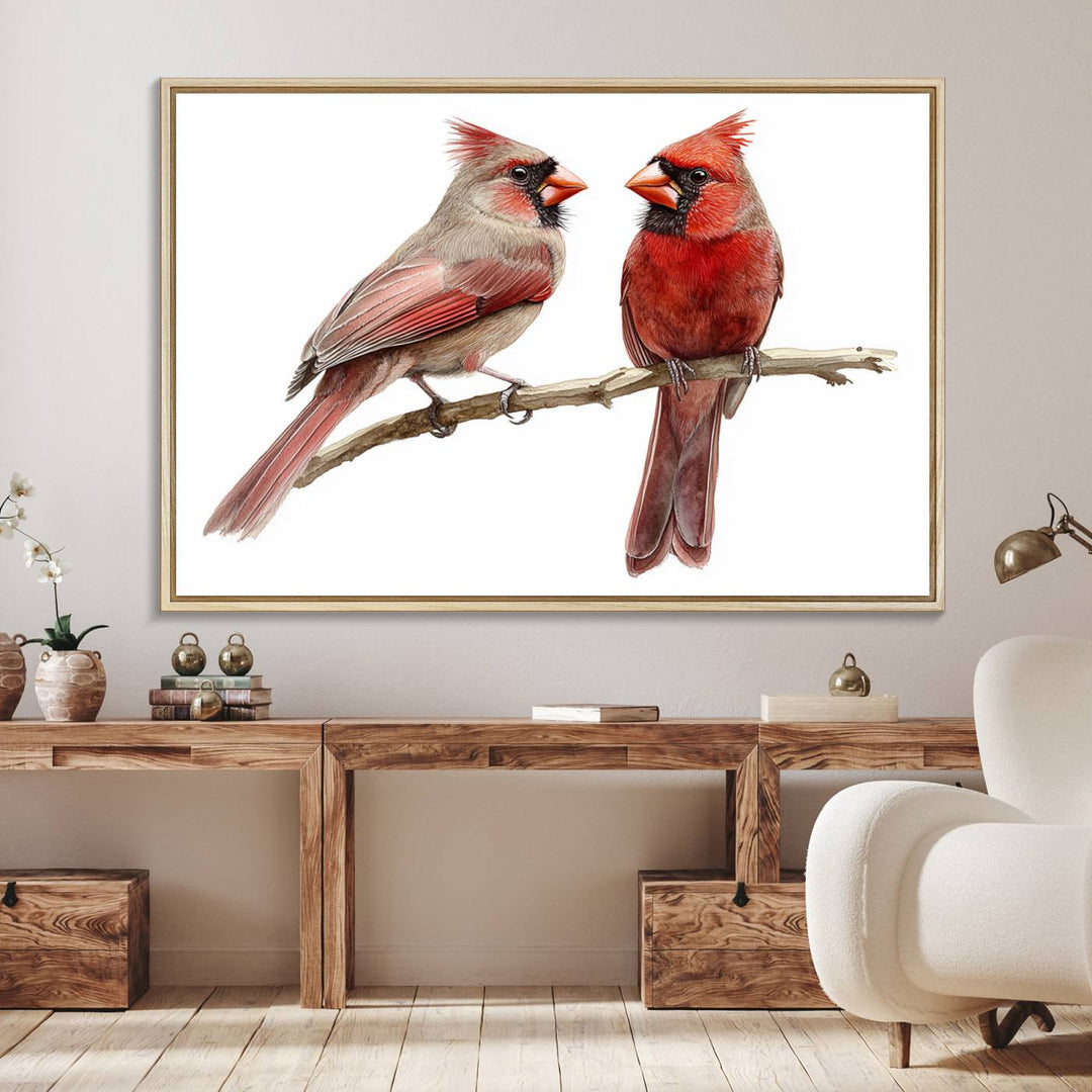 The Cardinal Bird Canvas Wall Art showcases two cardinals on a branch.