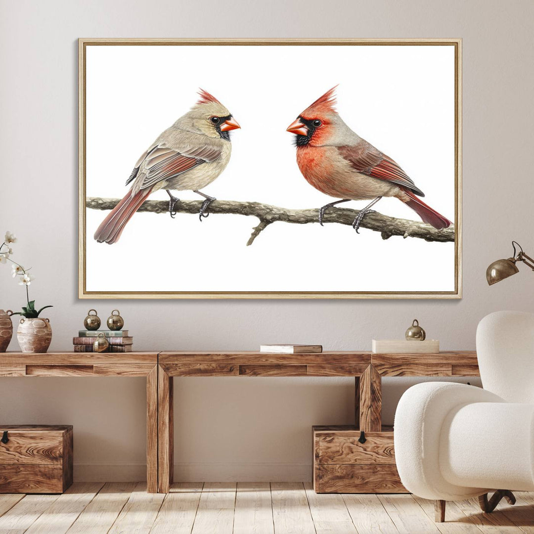 A Cardinal Canvas Wall Art print of cardinals on a branch hangs prominently.