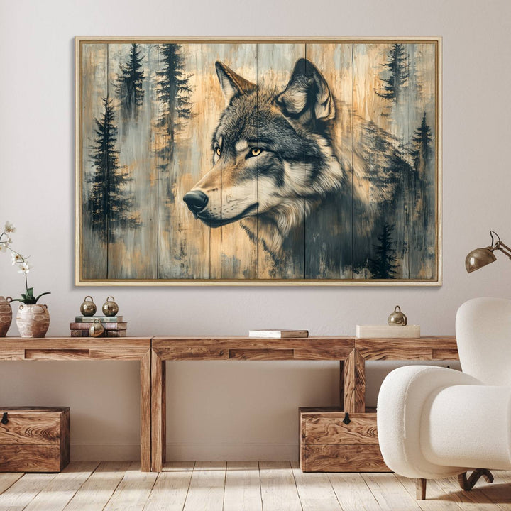 A Wood Style Rustic Wolf Wall Art Canvas Print adorns the kitchen.