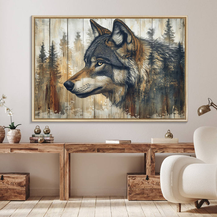 A kitchen dining area features Rustic Wolf Wall Art.