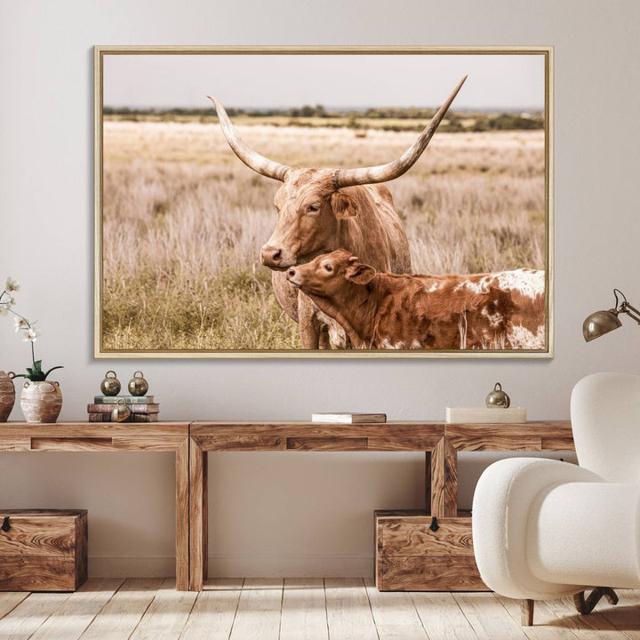 Dining area featuring a Texas Longhorn Cow Wall Art Canvas Print.