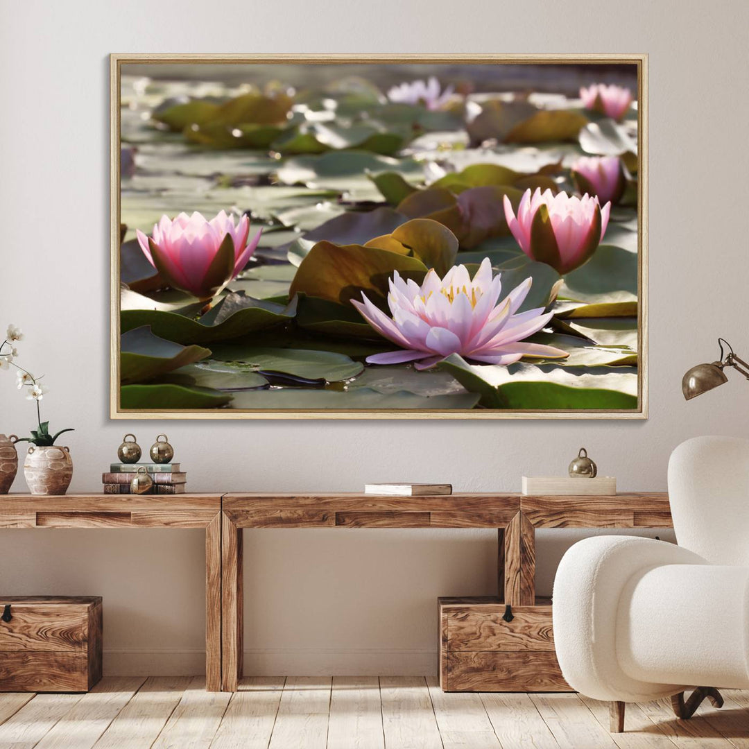 The dining room features the Water Lily Large Canvas Print.